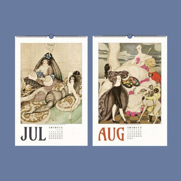 Art Deco wall calendars showing July and August illustrated pages