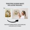 Woman framing Rainbow Renaissance 2027 calendar art on wall