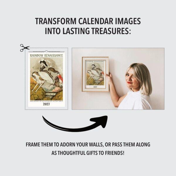 Woman framing Rainbow Renaissance 2027 calendar art on wall