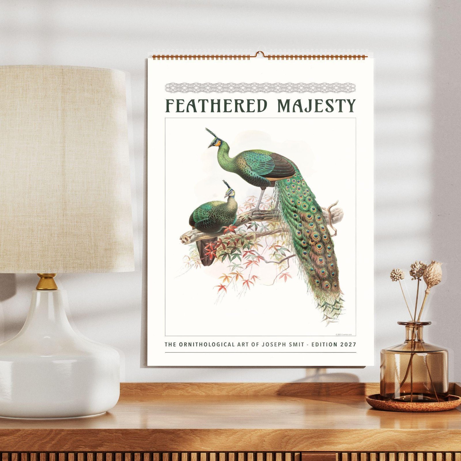 Feathered Majesty 2027 ornithological art wall calendar with peacocks