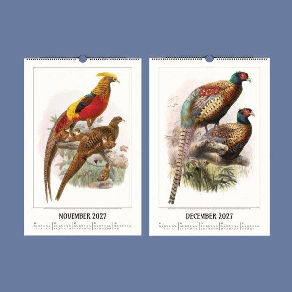 2027 wall calendar featuring vintage pheasant illustrations November December