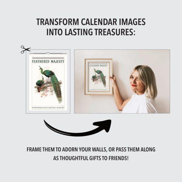 Woman framing Feathered Majesty calendar peacock art print