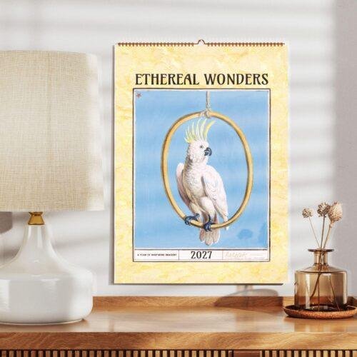 Ethereal Wonders 2027 wall calendar featuring cockatoo illustration