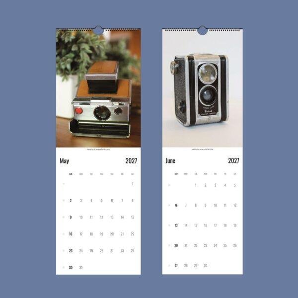 2027 wall calendar featuring vintage Polaroid and Kodak cameras