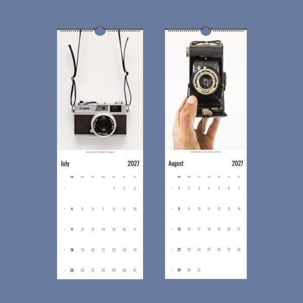 2027 wall calendar featuring vintage Canon and Kodak cameras