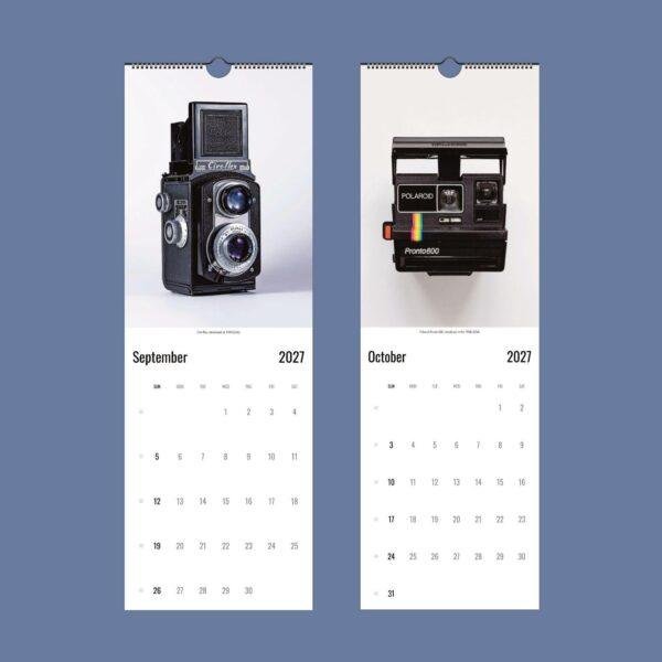 2027 wall calendar featuring vintage Ciro-flex and Polaroid cameras