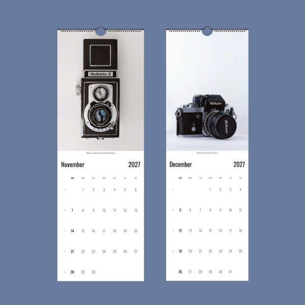 2027 wall calendar featuring vintage Reflekta II and Nikon cameras