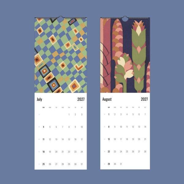 Two decorative wall calendars showing July and August 2027