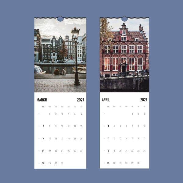 2027 wall calendar featuring Amsterdam canal scenes March April