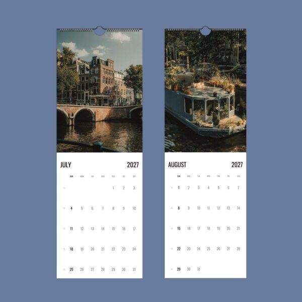 2027 wall calendar showing July and August Amsterdam photos