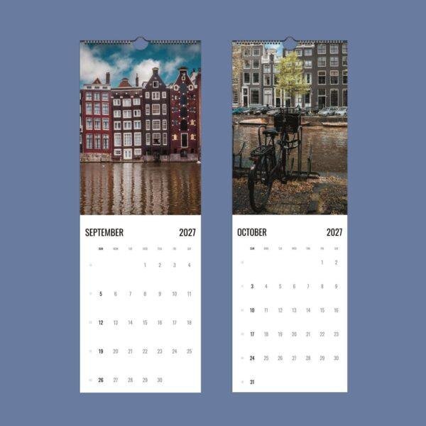 Two Amsterdam-themed wall calendars showing September and October 2027