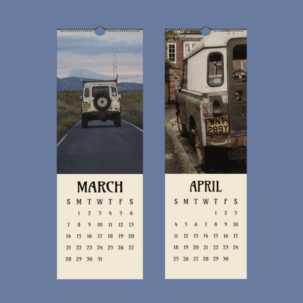 March and April wall calendar featuring vintage Land Rover photos