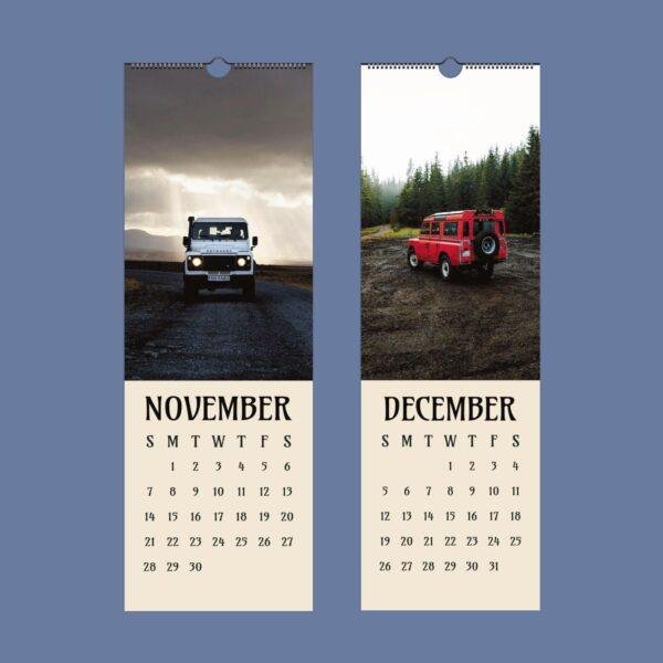 November and December calendar pages featuring Land Rover Defenders
