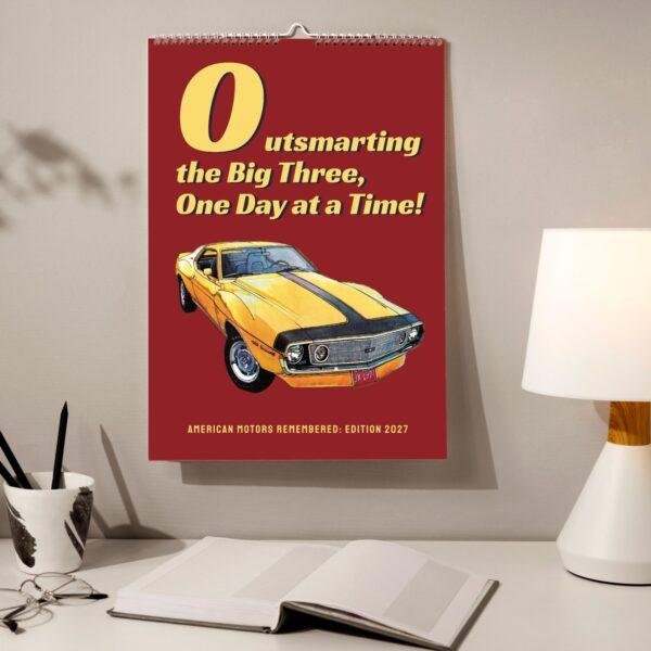 2027 American Motors wall calendar featuring classic yellow muscle car