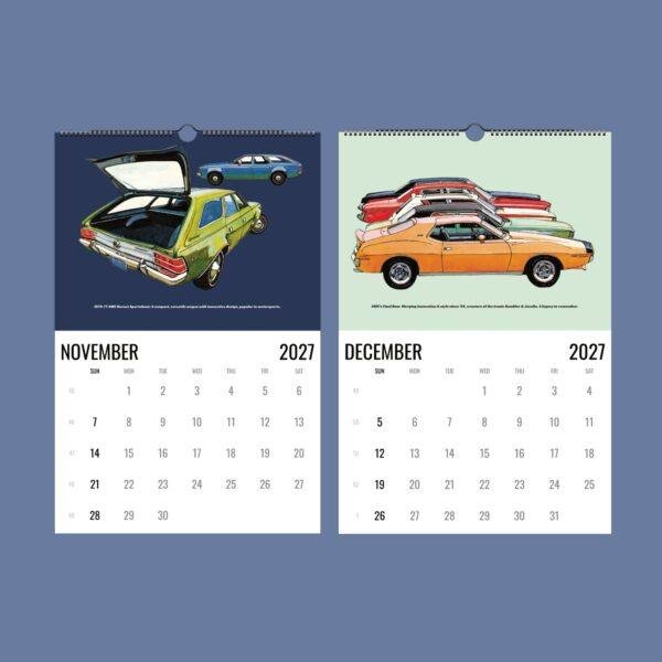 2027 wall calendar featuring vintage AMC classic car illustrations