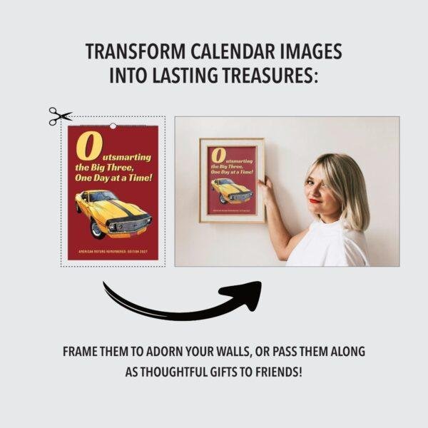 Woman framing vintage car calendar image on wall