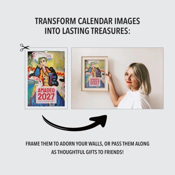 Woman framing Amadeo 2027 calendar art on wall