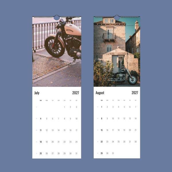 2027 wall calendar featuring Harley-Davidson motorcycles for July and August