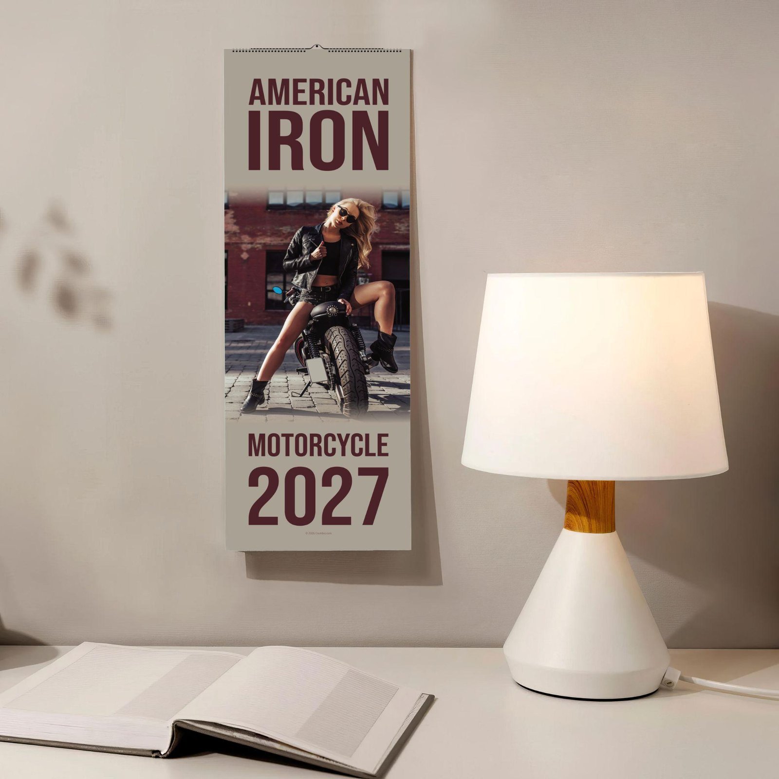 American Iron Motorcycle 2027 wall calendar displayed on desk