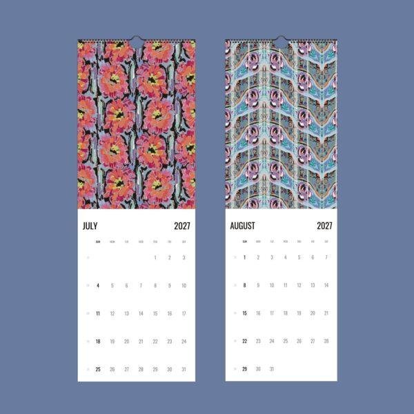 2027 wall calendar showing July and August with artistic patterns