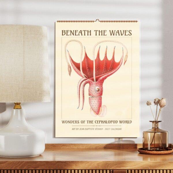 2027 wall calendar featuring vintage cephalopod illustration on shelf