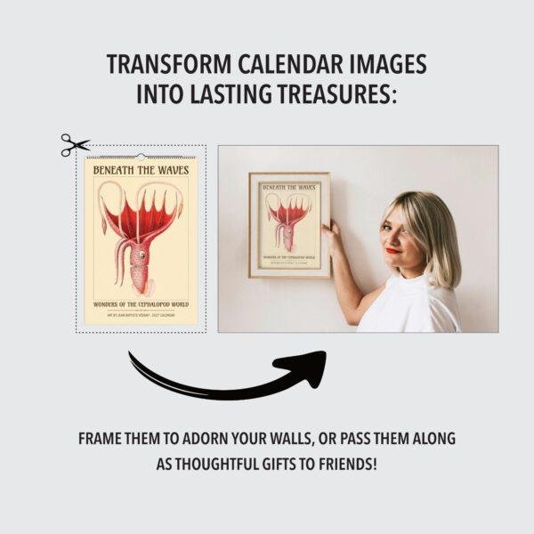 Woman framing cephalopod calendar art on wall