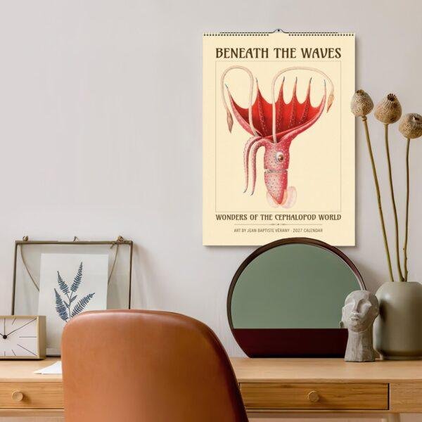 Vintage cephalopod wall calendar hanging above stylish desk