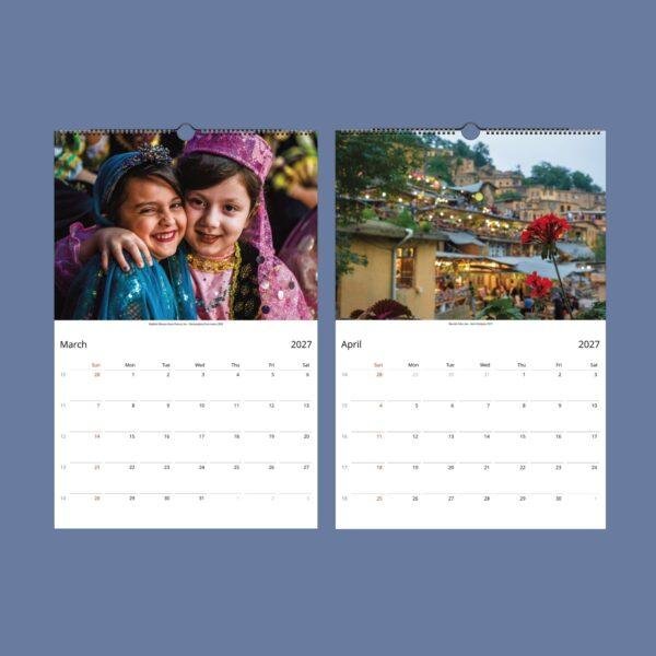 2027 wall calendar showing March and April with cultural photos