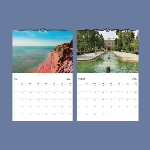 2027 wall calendar showing July and August with Iran photos