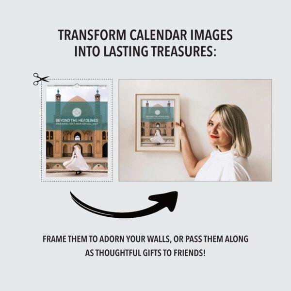 Woman framing a calendar image as wall art