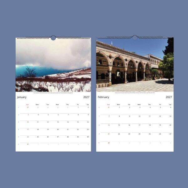 2027 wall calendar showing January and February with Syria photos