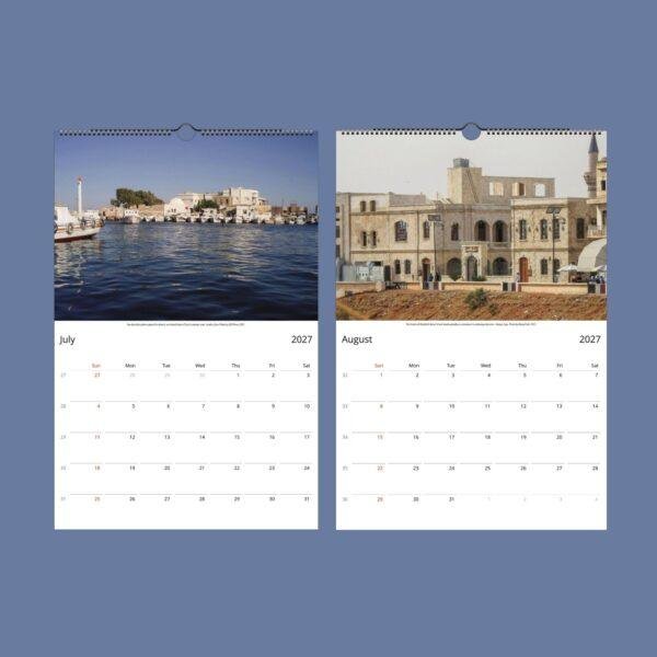 2027 wall calendar showing July and August with Syria photos