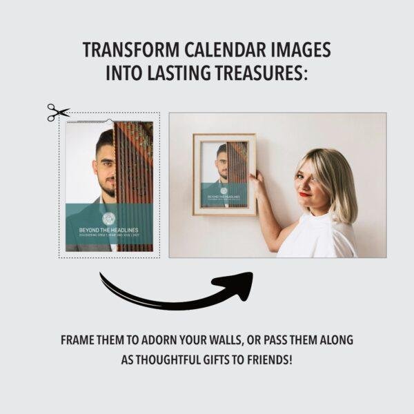 Woman framing a calendar image on a wall