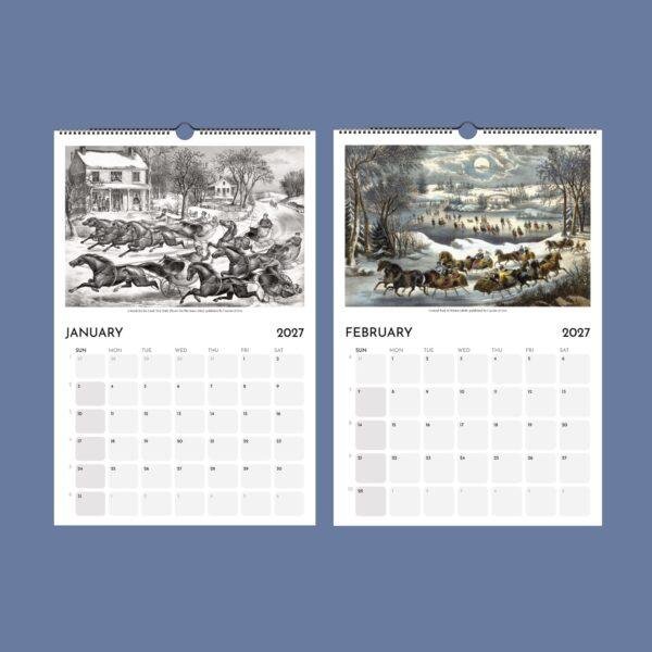 2027 wall calendar January February with vintage winter illustrations
