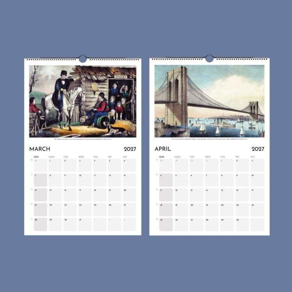 2027 wall calendar showing March and April with vintage illustrations