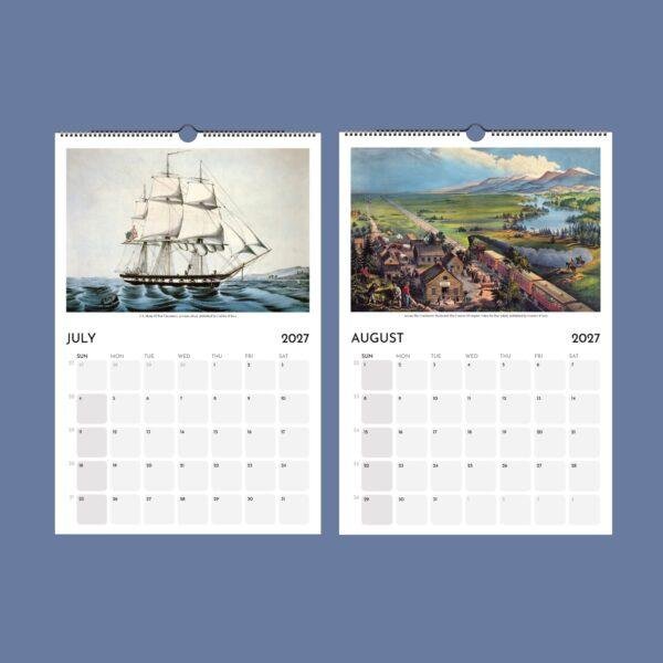 2027 wall calendar showing July and August with vintage artwork