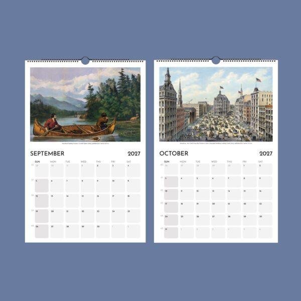 2027 wall calendar showing September and October with vintage artwork