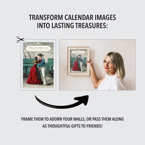Woman framing Currier and Ives calendar art on wall