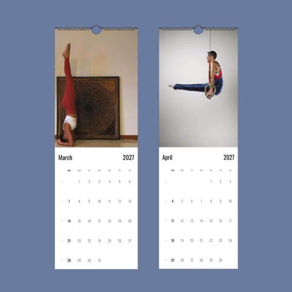 2027 gymnastics wall calendar showing March and April pages