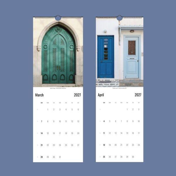 2027 wall calendar featuring colorful European doors for March and April