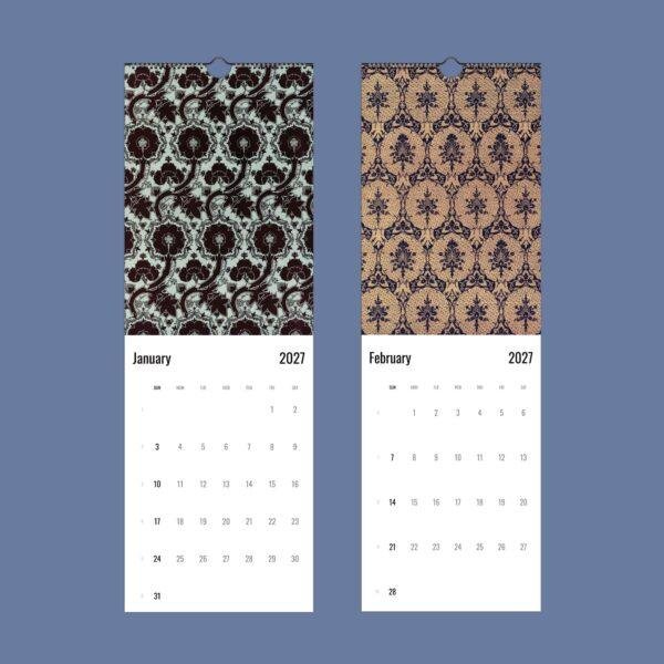Two decorative wall calendars showing January and February 2027