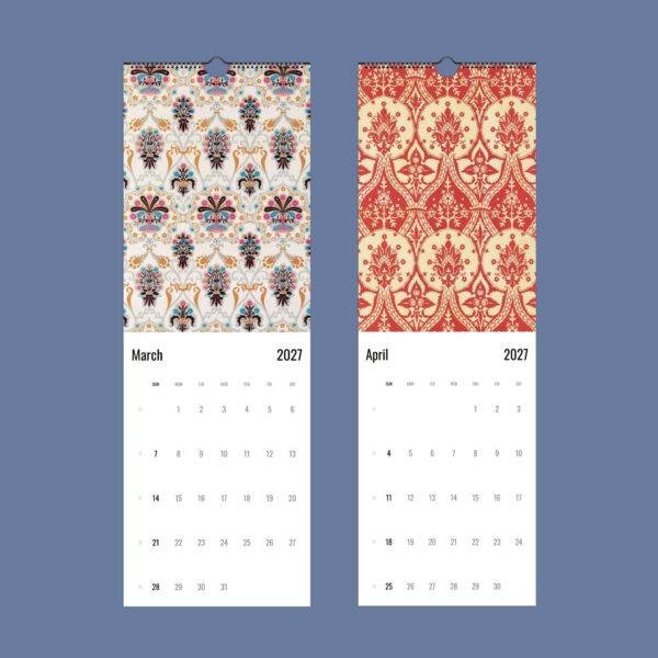 2027 wall calendar showing March and April with ornate patterns