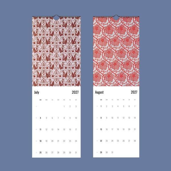Two decorative wall calendars showing July and August 2027