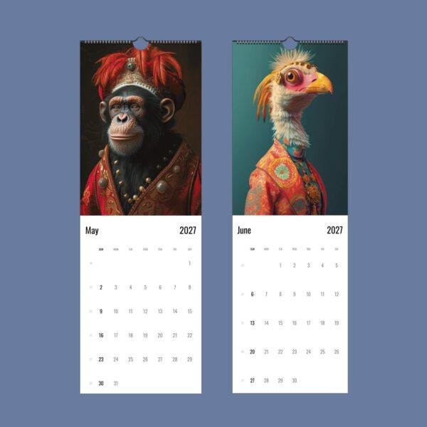 2027 wall calendar featuring dressed chimp and bird artwork