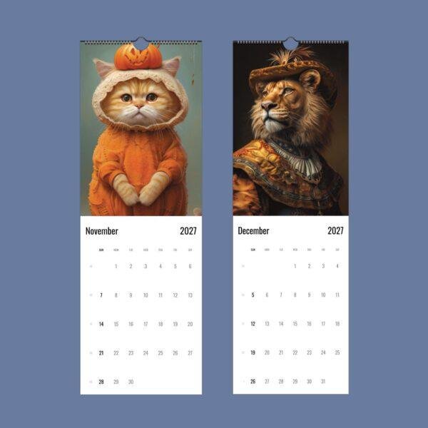 2027 wall calendar featuring costumed cat and noble lion