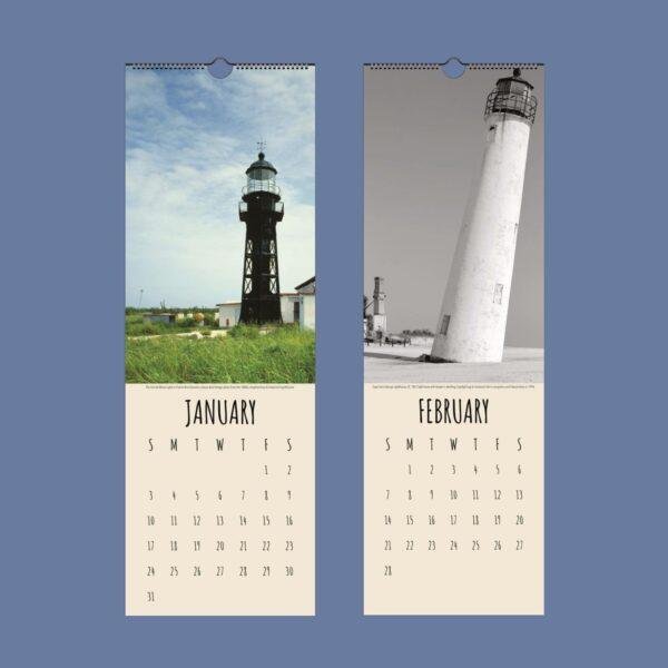 January and February lighthouse wall calendar pages side by side