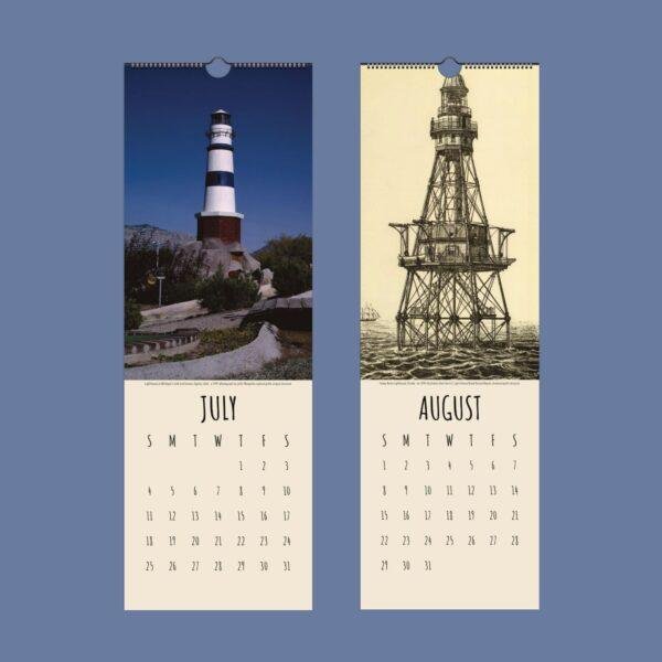 Lighthouse-themed wall calendar showing July and August pages