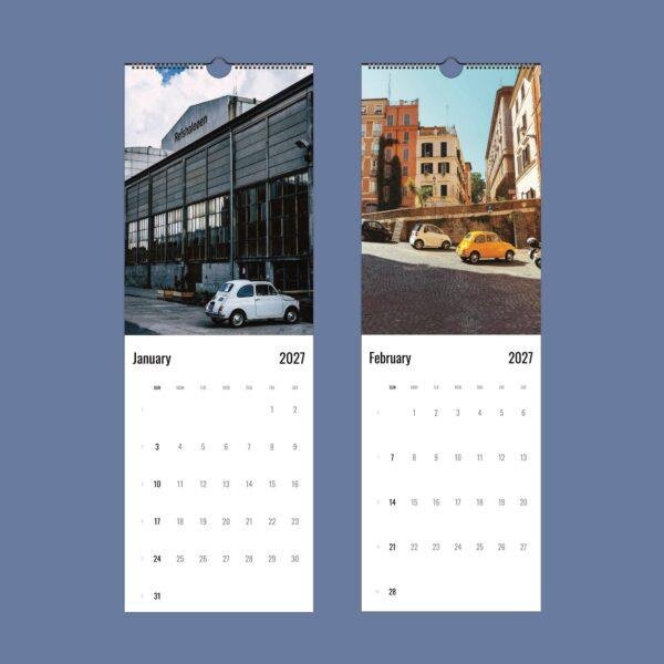 2027 wall calendar featuring vintage Fiat 500 cars in Europe