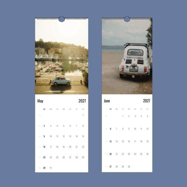 2027 wall calendar featuring vintage Fiat 500 cars in Italy
