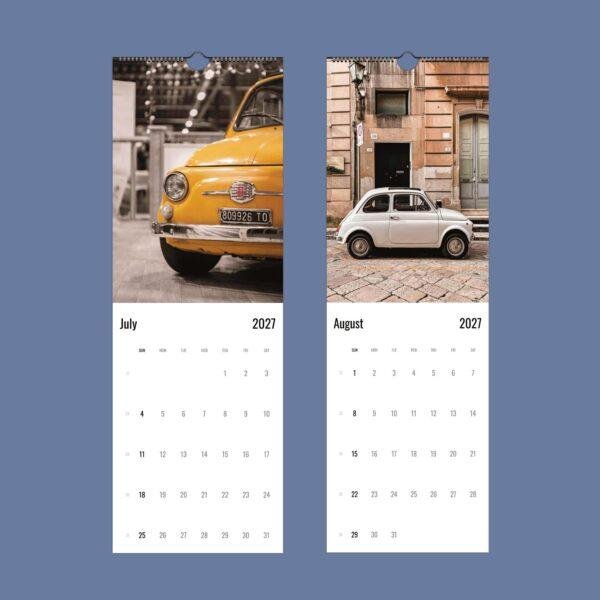 2027 wall calendar featuring vintage Fiat 500 cars July August